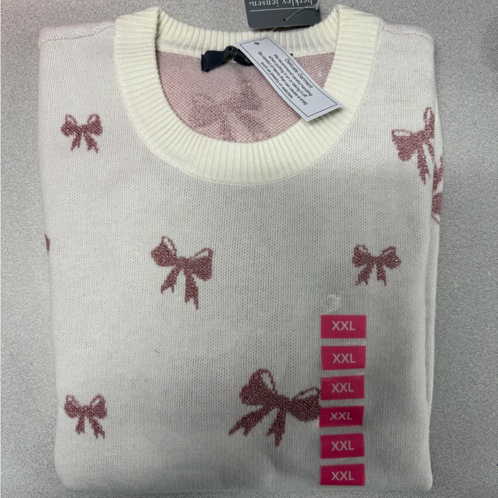 Women's Cream Crewneck Sweater with Pink Bow Pattern